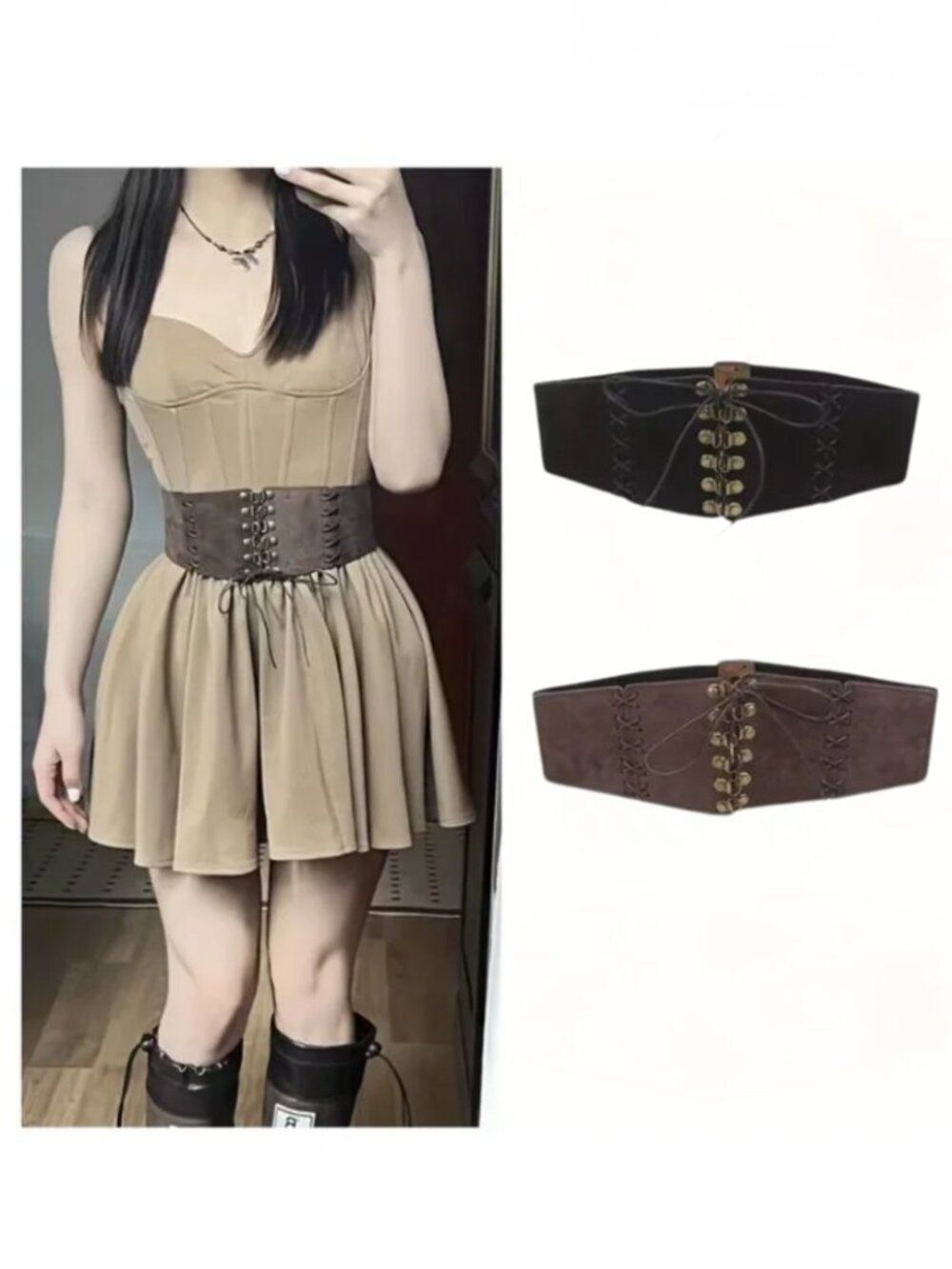 NWT Vintage Suede Lace Up Elastic Corset Waist Belt Cinch Black Coffe-Brown